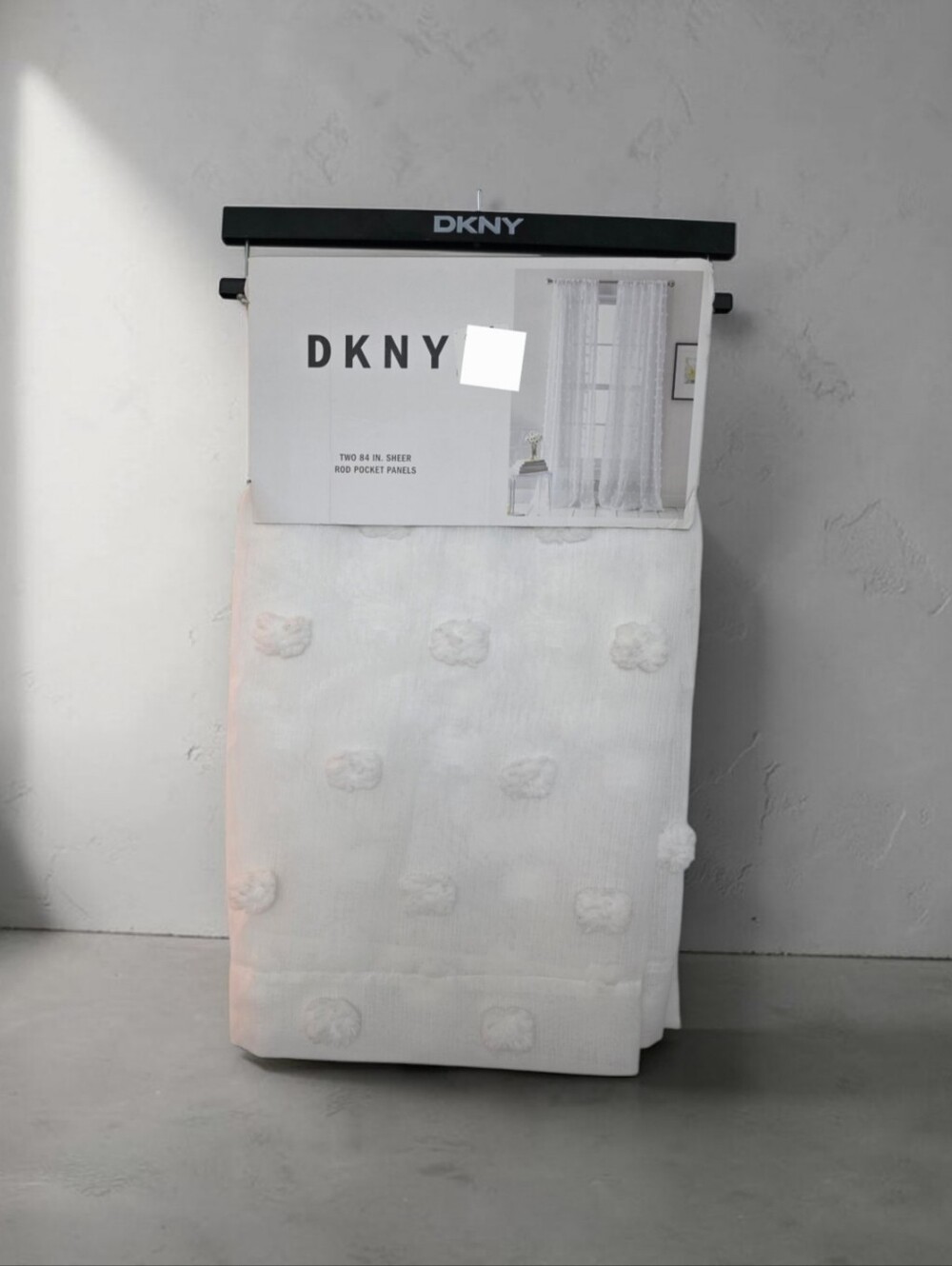 DKNY Sheer Window Curtain 2 Panels White NEW 50"X 84" Pom Pom